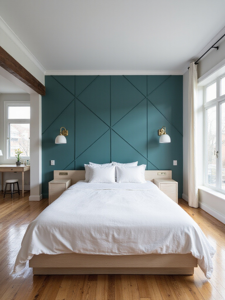 Modern bedroom with a deep teal geometric feature wall behind the bed.