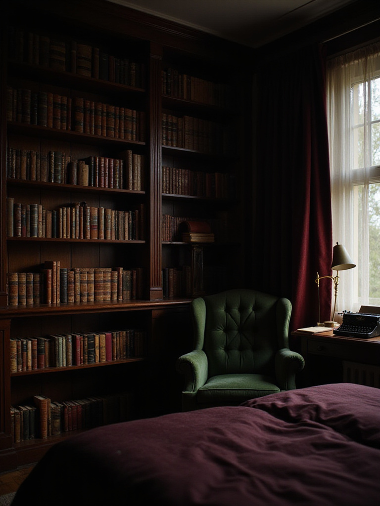 Dark Academia bedroom with bookshelves, velvet armchair, and vintage typewriter.