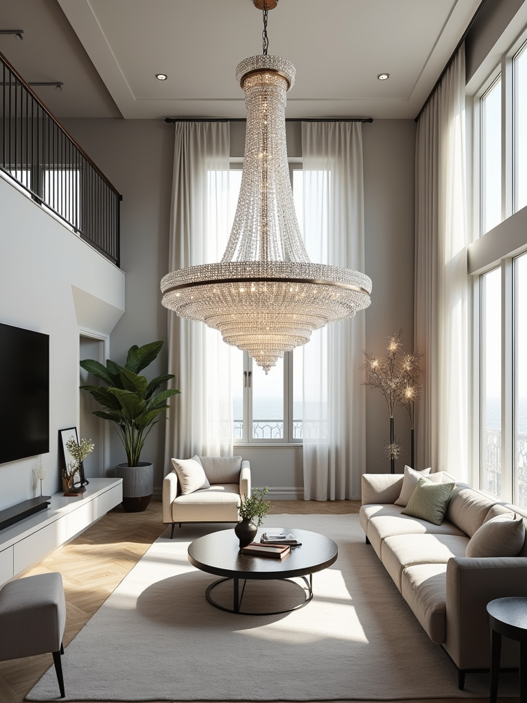 Modern crystal chandelier in a bright, luxurious living room