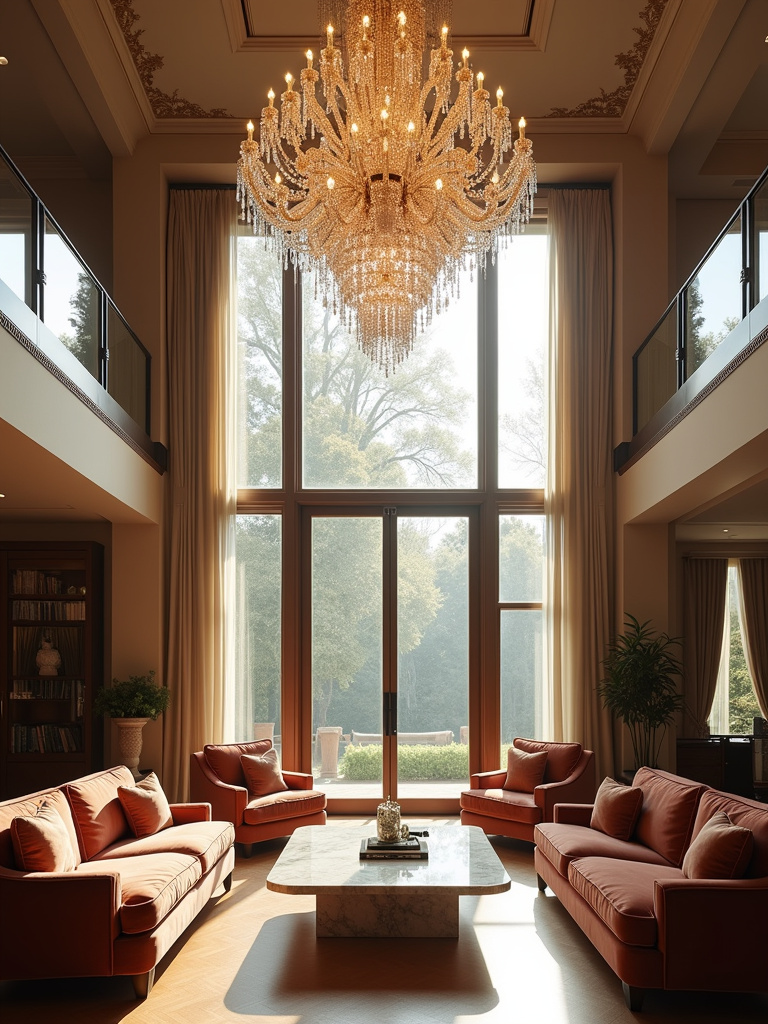 Luxurious living room with a statement crystal chandelier, illuminating opulence from above.