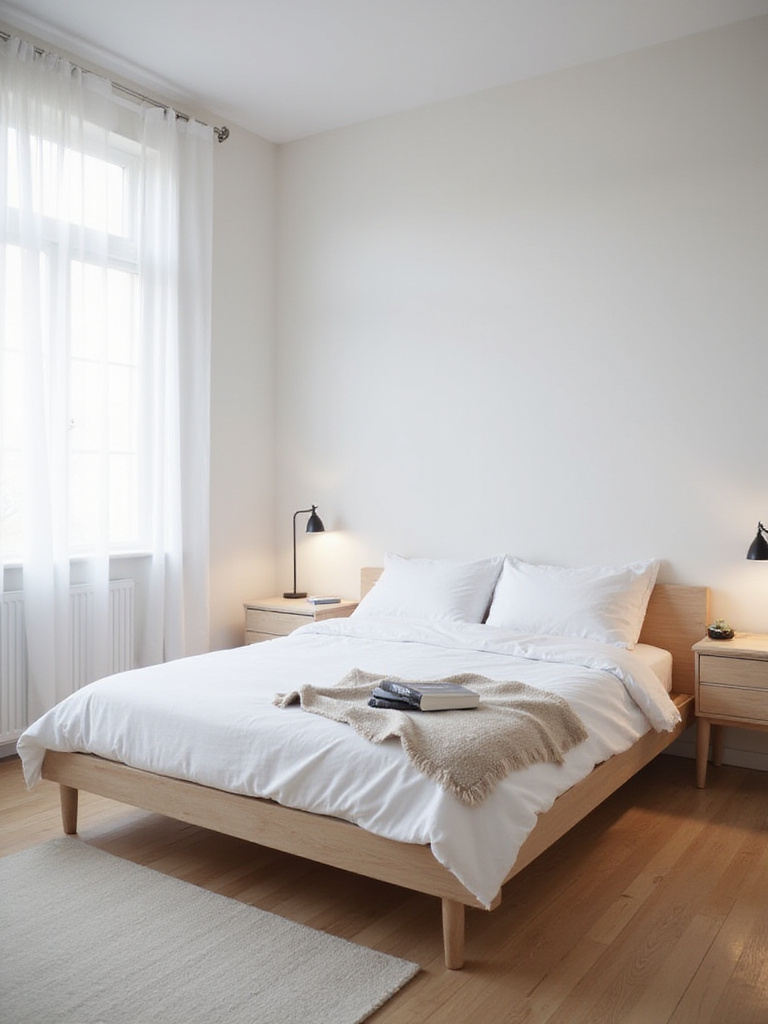 Minimalist bedroom with white linens and natural light, promoting a sense of calm and relaxation.