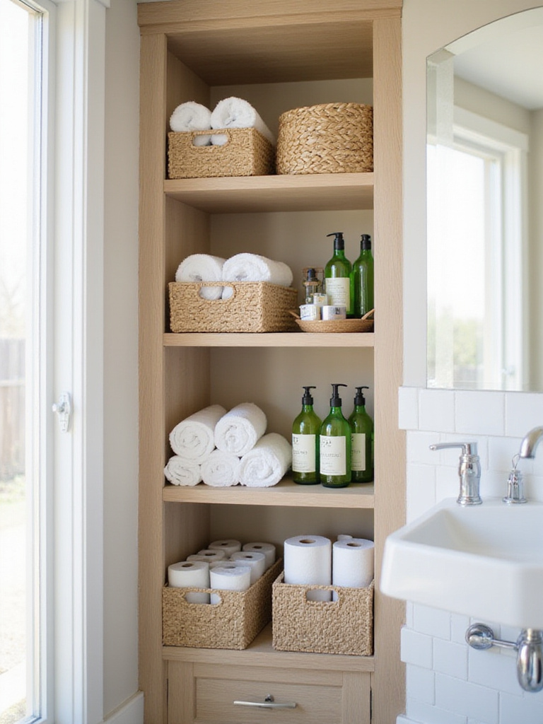 Natural fiber storage baskets on open shelving in a bathroom, holding towels, toiletries, and toilet paper.
