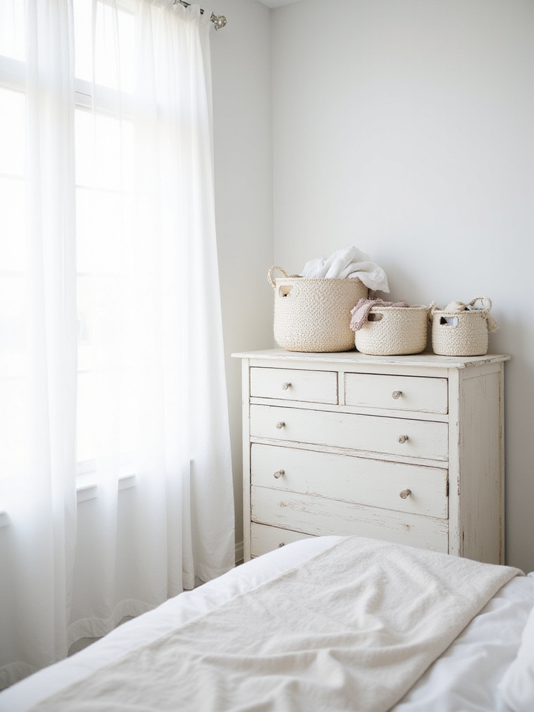 White bedroom dresser with woven white storage baskets for organization