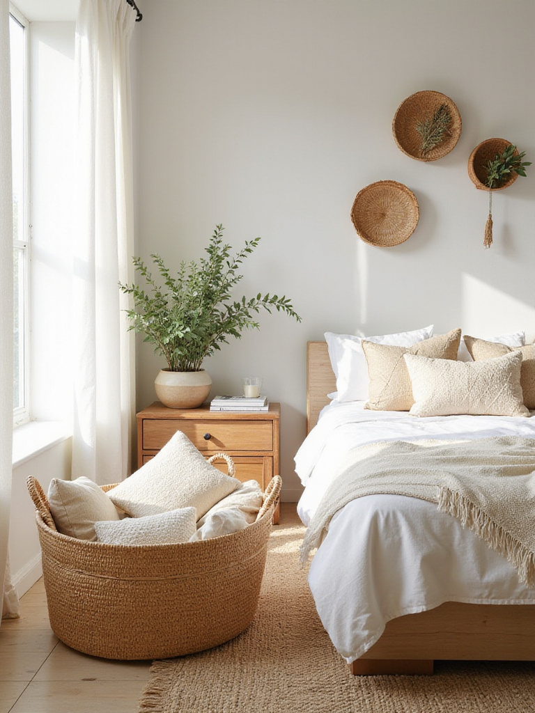 Boho bedroom featuring decorative baskets for stylish storage