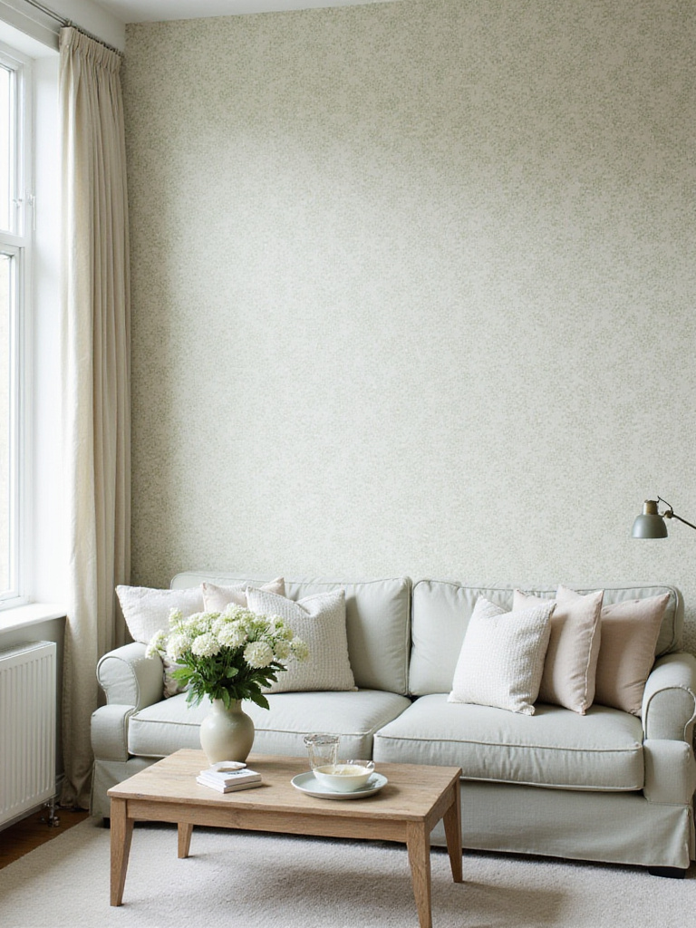 Living room accent wall with delicate floral wallpaper