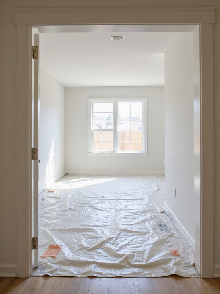 Living room prepared for couch delivery with protective blankets and clear path.