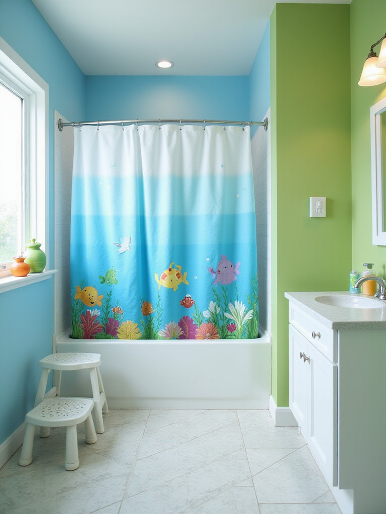 Bright and playful kid-friendly bathroom design with underwater theme