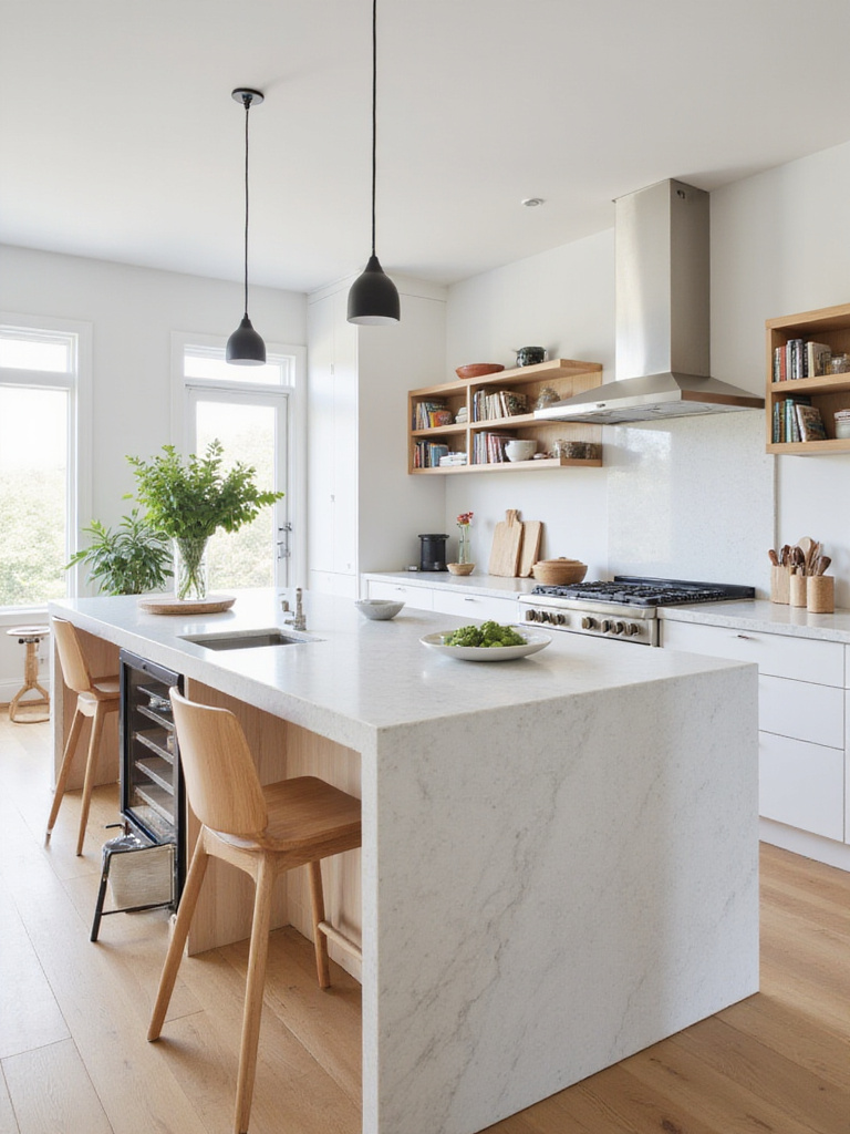 Modern kitchen island designed for dining, working, and entertaining with seating, cooktop, and storage