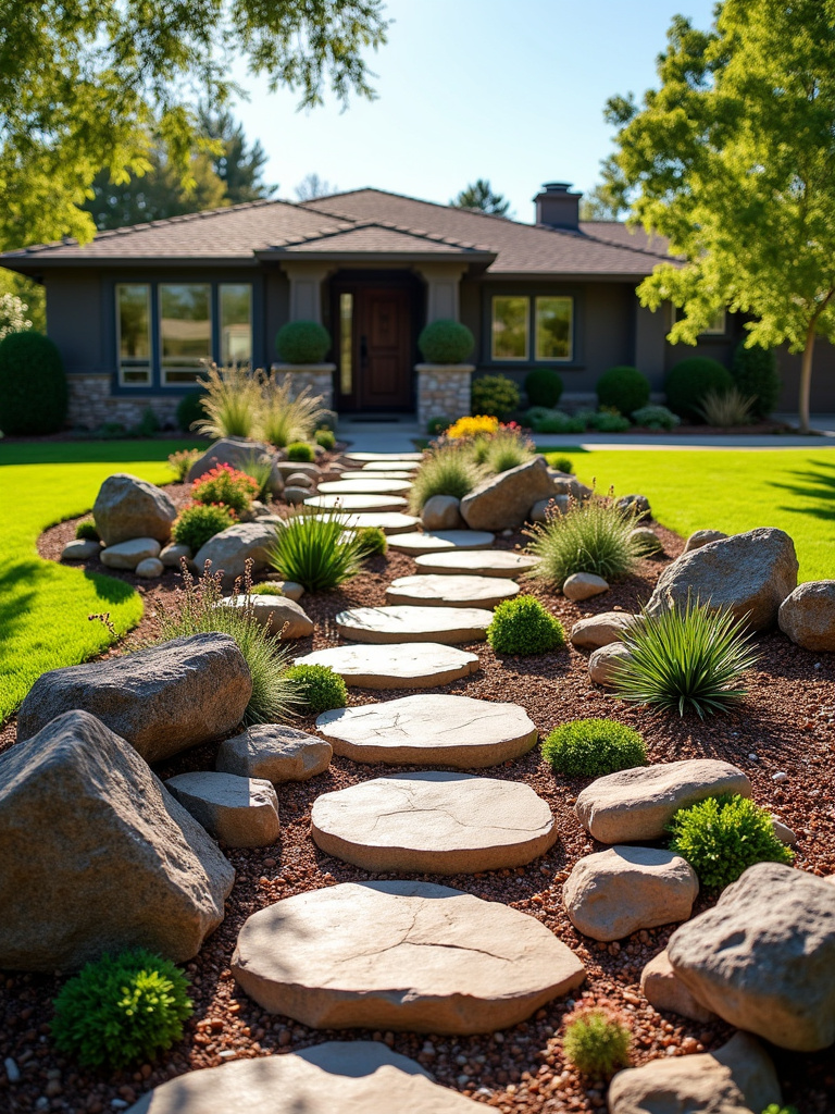 Relaxing rock garden with drought-tolerant plants for enhanced curb appeal