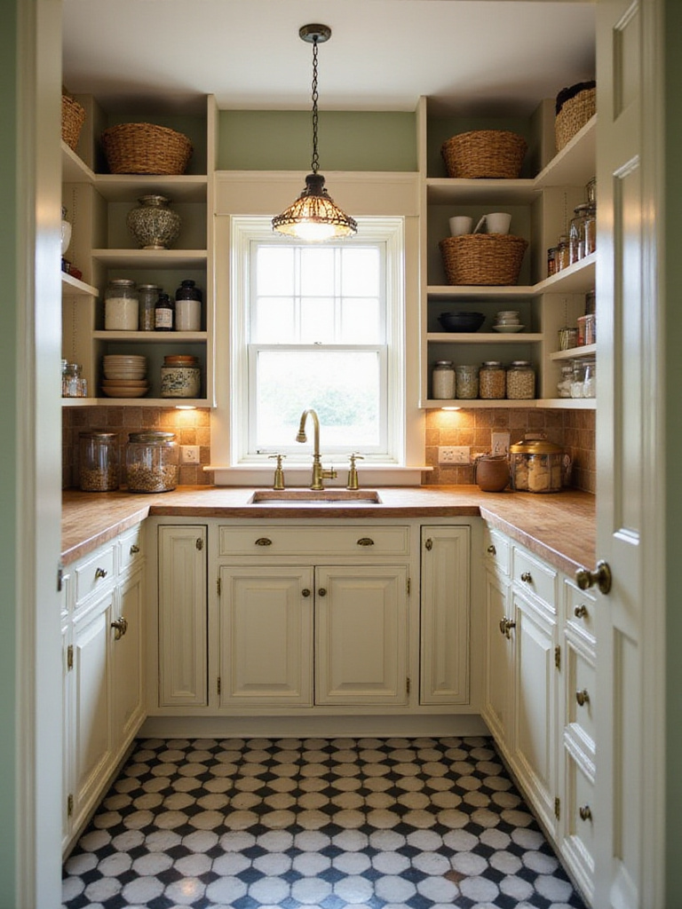 Traditional walk-in pantry with cream cabinetry, wooden shelves, and organized storage.