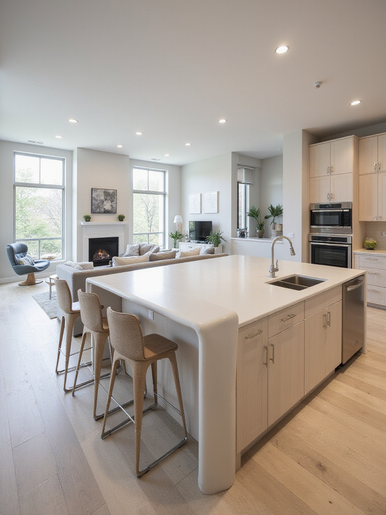 Modern kitchen island bridging kitchen and living room in open-concept space.