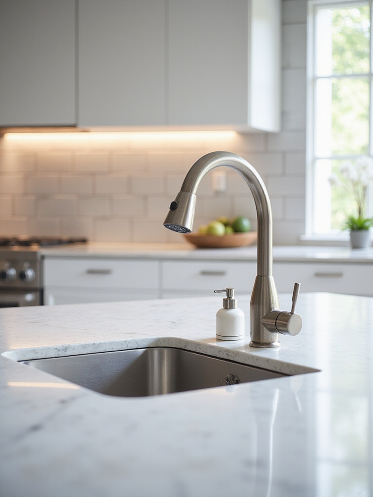 Close-up of modern kitchen countertop with stainless steel faucet, quartz countertop, and subway tile backsplash, highlighting attention to detail.