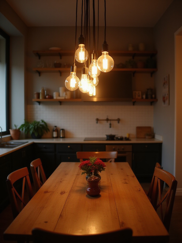 Kitchen table with dimmable pendant lights creating a warm and inviting ambiance