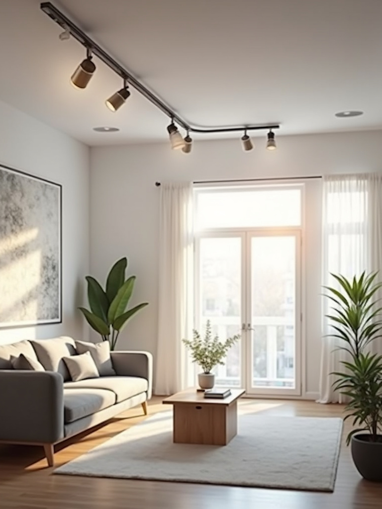 Modern living room with track lighting illuminating artwork and creating a flexible lighting solution.