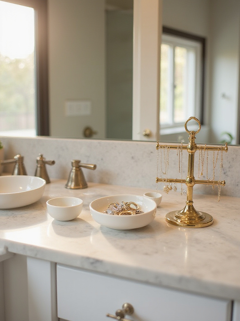 Elegant bathroom vanity with jewelry displayed on delicate dishes and a tiered stand.
