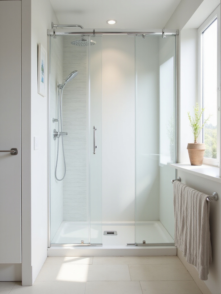 Small bathroom with frameless glass sliding shower doors maximizing space.