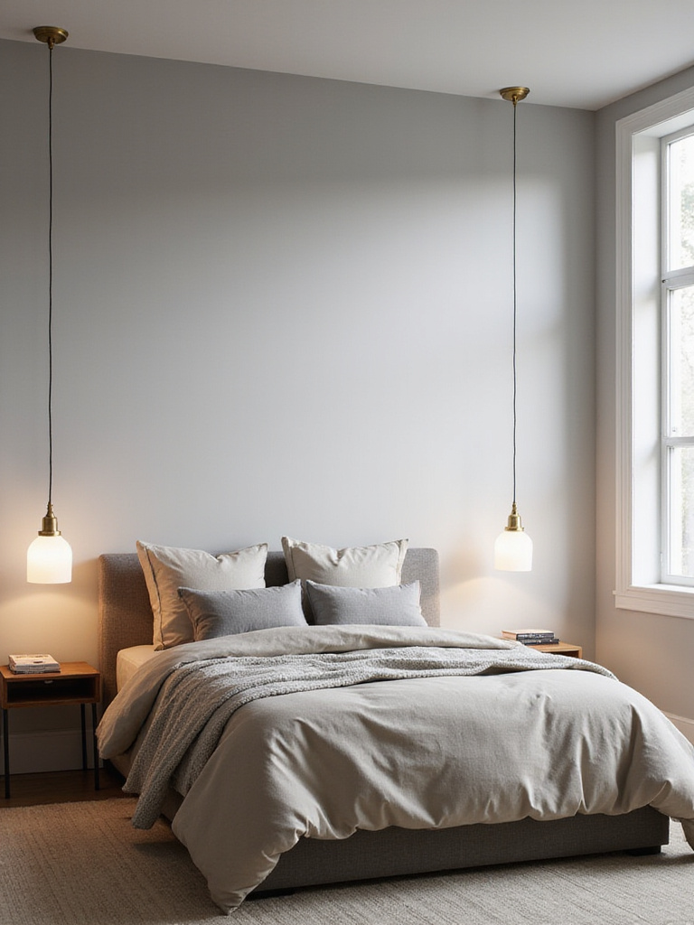 Modern bedroom with brass pendant lights hanging above floating bedside tables.
