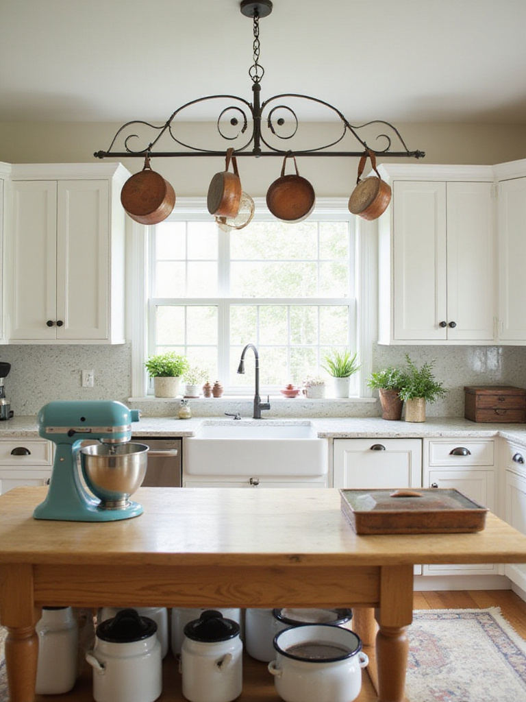 Traditional kitchen interior featuring vintage enamelware canisters and antique copper pots.
