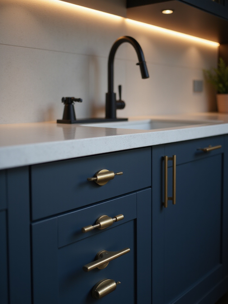 Elegant kitchen with brushed brass cabinet pulls and matte black faucet