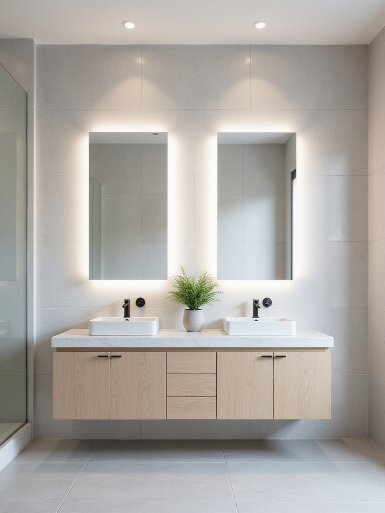 Stylish double sink vanity with light wood finish and white quartz countertop in a modern bathroom.