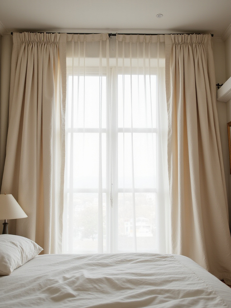 Luxurious bedroom featuring floor-to-ceiling curtains creating a dramatic and elegant space.