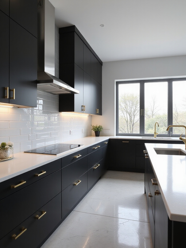 Modern kitchen with dramatic black cabinets, white quartz countertops, and gold hardware.