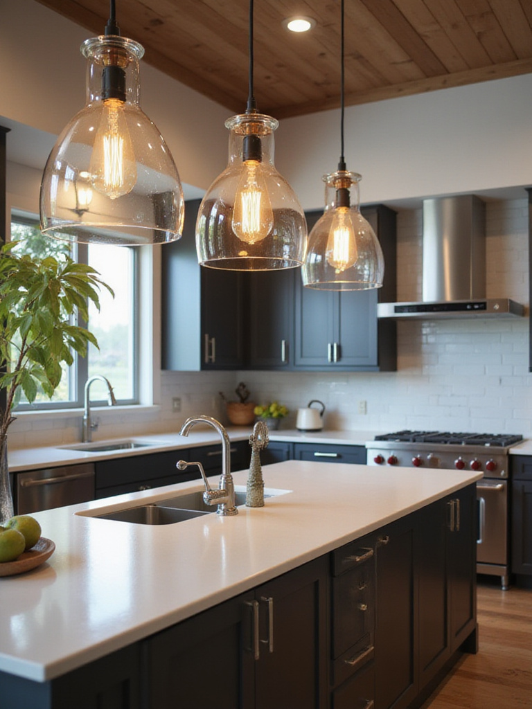 Modern kitchen island illuminated by dramatic glass pendant lighting