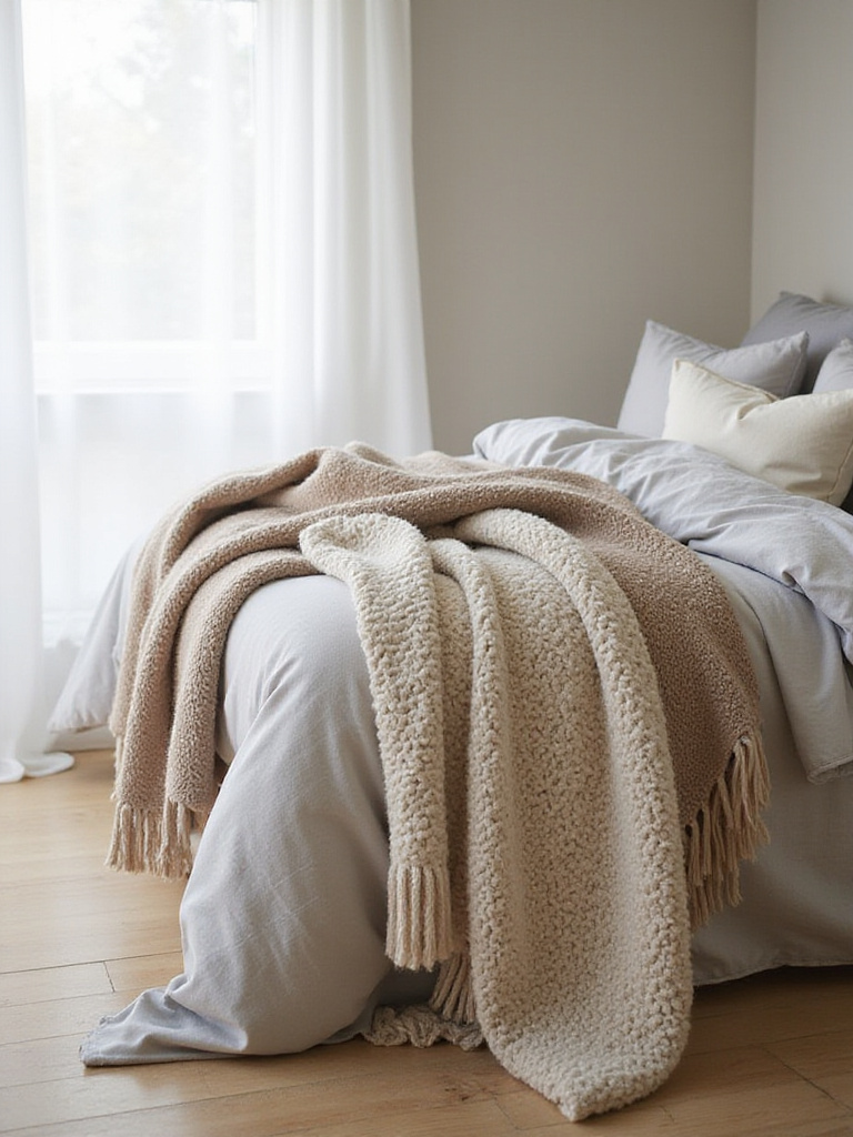 Cozy bedroom with layered blankets and throws in neutral colors for ultimate relaxation.