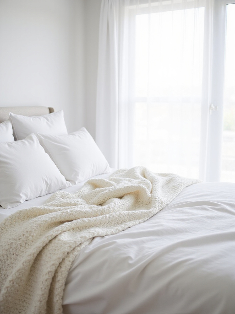 Cozy white bedroom with a chunky knit white throw blanket draped over the corner of the bed.