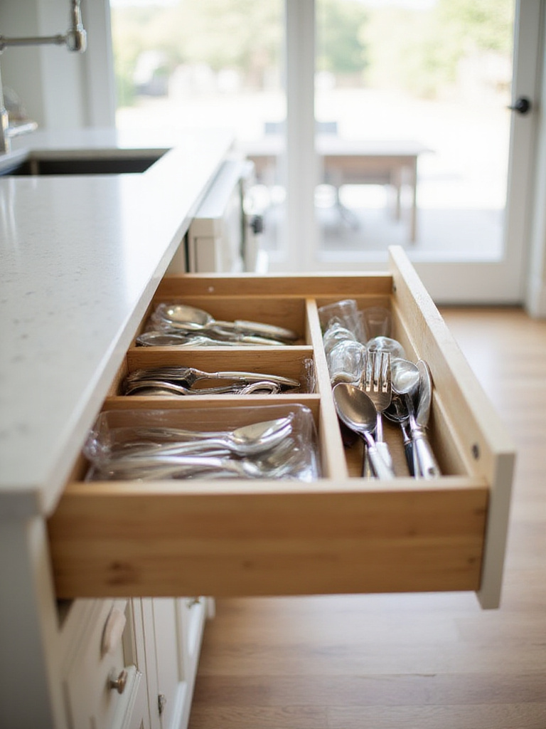Organized kitchen island drawer with various drawer organizers holding utensils and kitchen tools