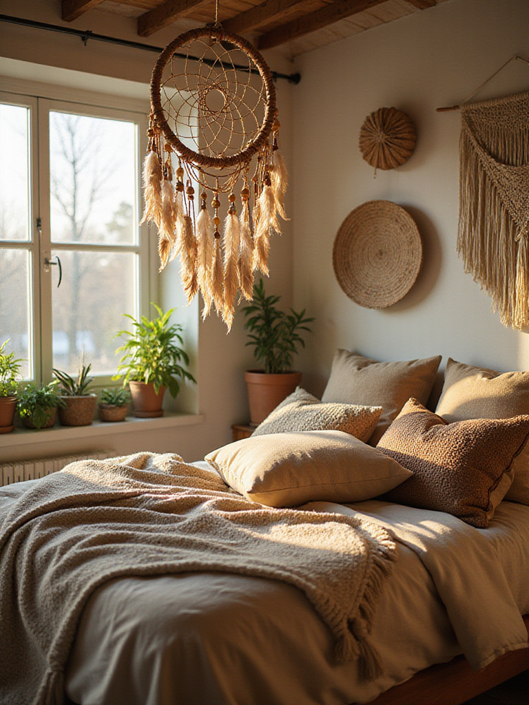 Boho bedroom with a large, handcrafted dream catcher hanging above the bed.