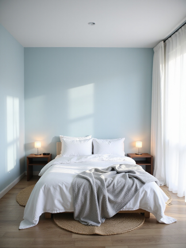 Serene blue bedroom with white linen bedding and natural light creating a calming atmosphere.