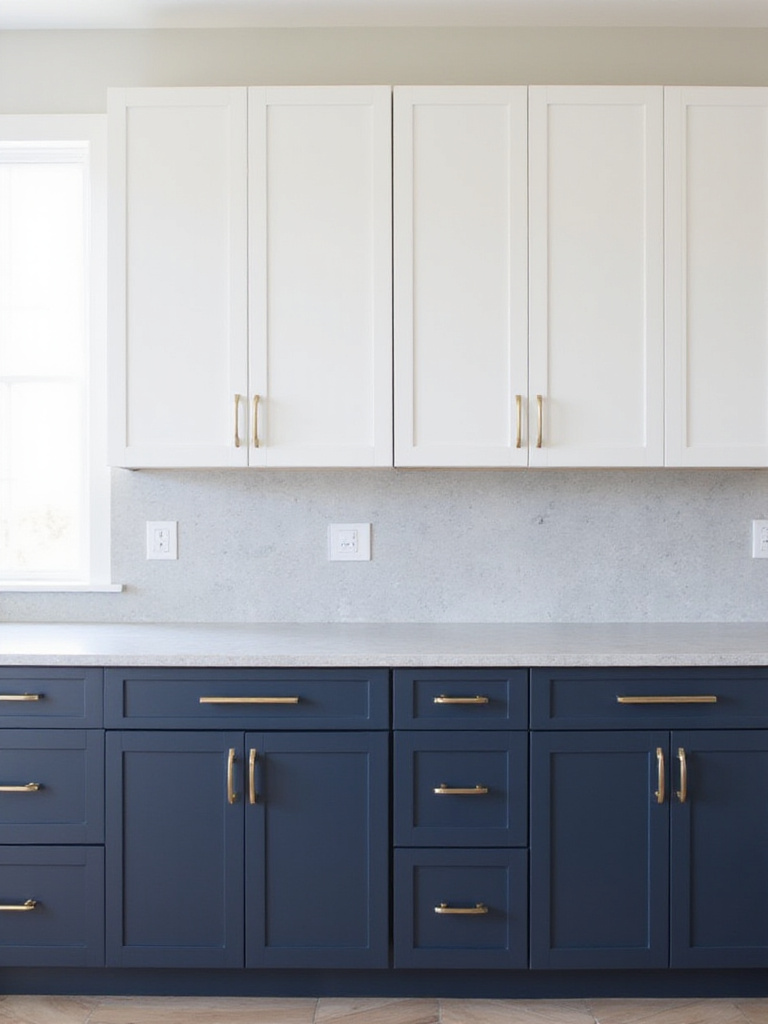 Contemporary kitchen with two-tone cabinetry: navy blue lowers and white uppers.