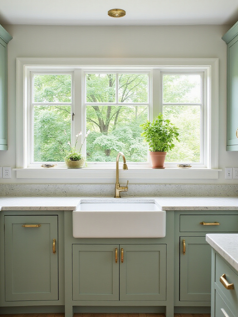 Sage green kitchen cabinets with brass hardware and natural light