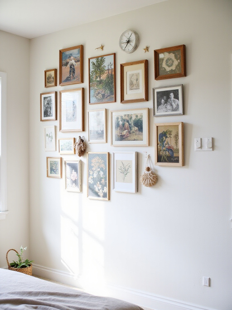 Eclectic bedroom gallery wall featuring a mix of art styles and frame types.
