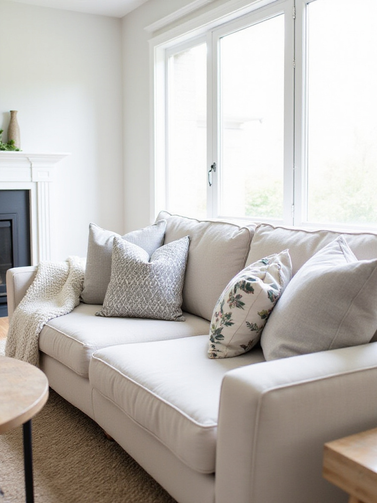 Living room couch refreshed with throw pillows and blanket
