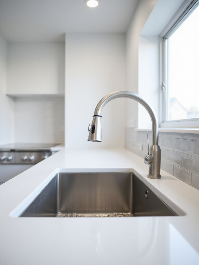 Elegant stainless steel gooseneck faucet with pull-down sprayer in a modern kitchen