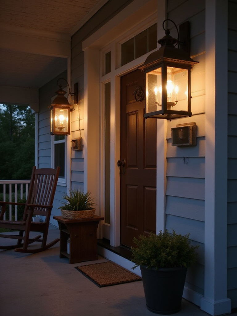 Front porch with elegant lanterns creating a warm glow