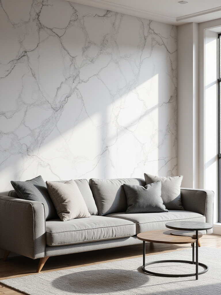 Living room with marble wallpaper accent wall behind a grey sofa