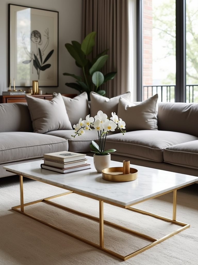 Luxurious living room with Carrara marble coffee table