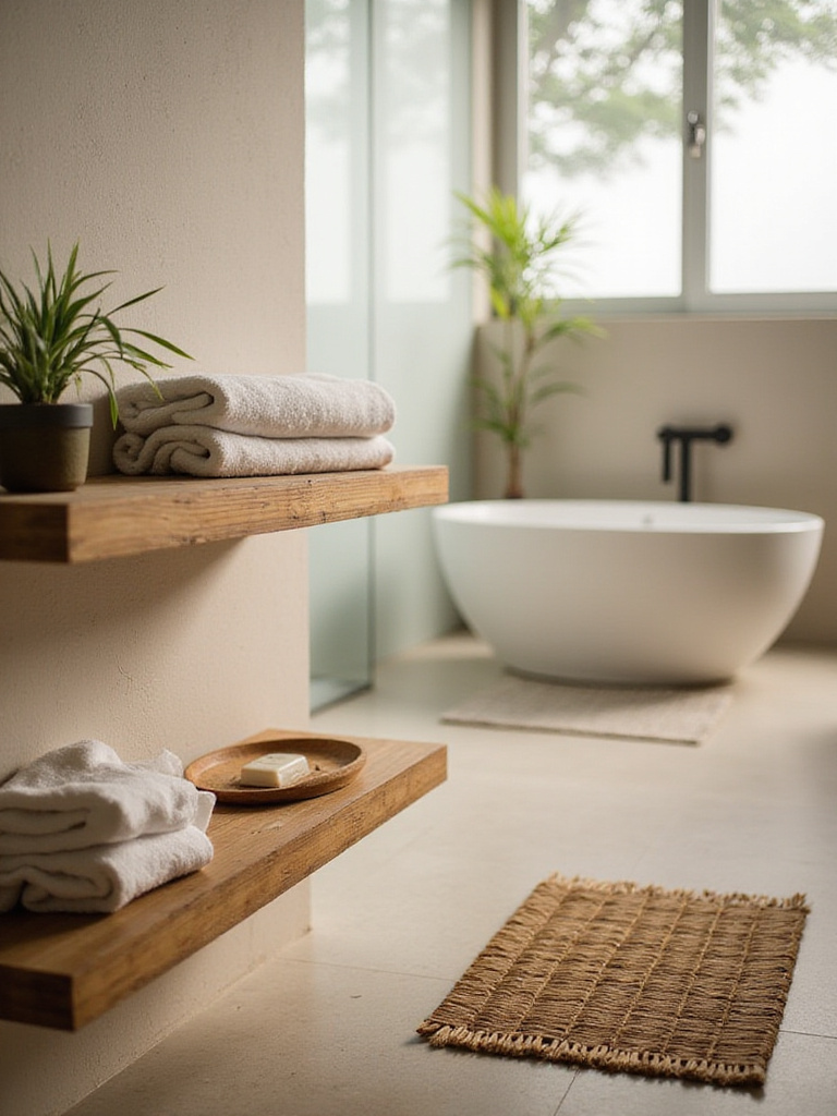 Serene bathroom with bamboo shelf, bath mat, and soap dish, creating a natural oasis.