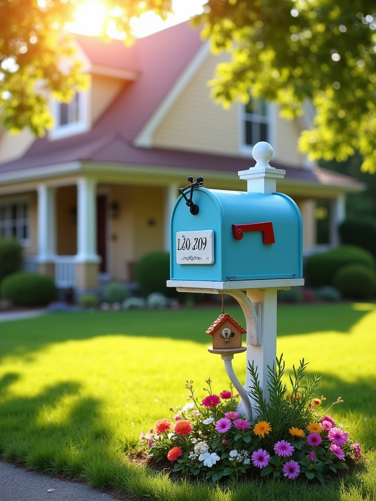 Decorated mailbox with flowers and birdhouse enhancing curb appeal