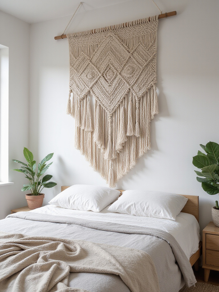 Bohemian bedroom with a large macrame wall hanging above the bed.