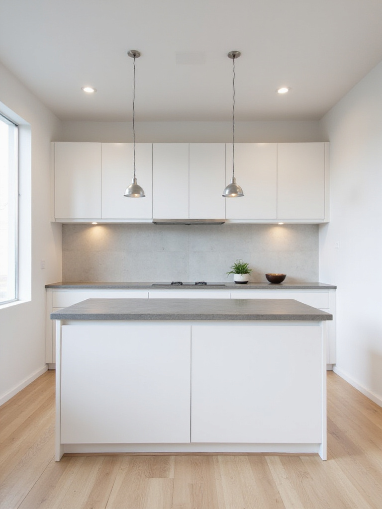 Minimalist kitchen island with white cabinetry and gray quartz countertop.
