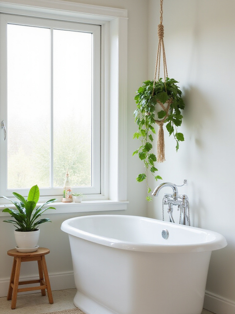 Bathroom with natural light and plants like Snake Plant and Pothos creating a fresh and relaxing atmosphere.