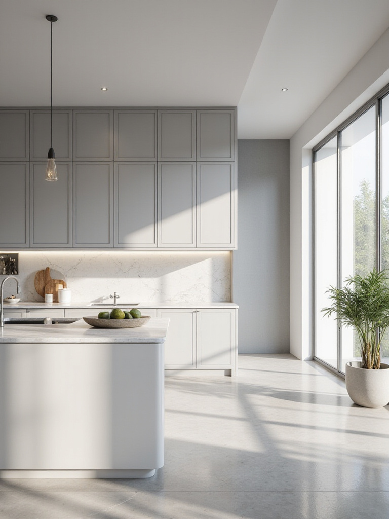Modern minimalist kitchen featuring sleek handleless cabinets in light gray.