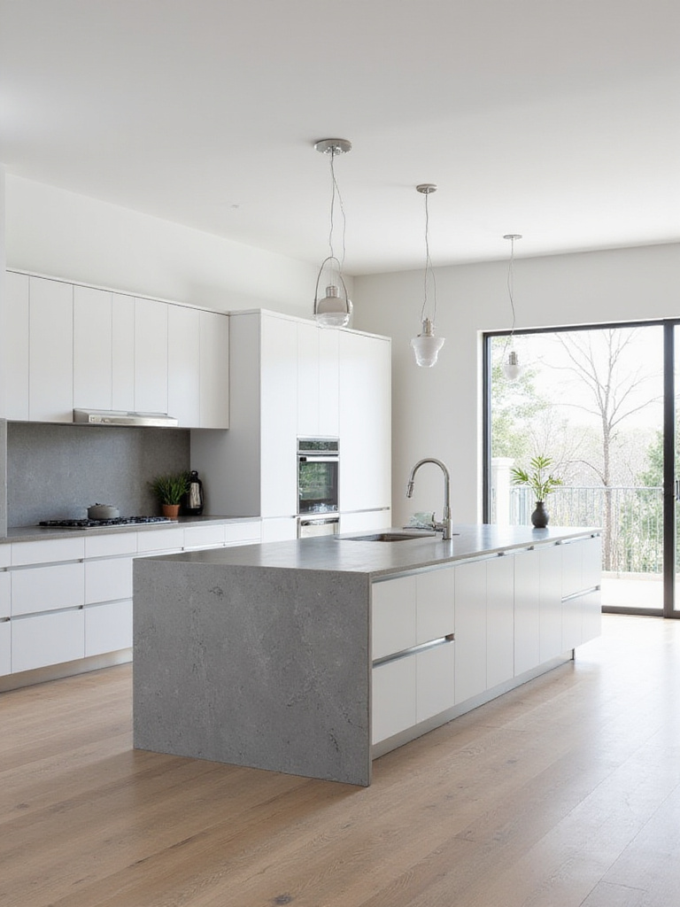 Modern minimalist kitchen with white cabinets and gray quartz island.