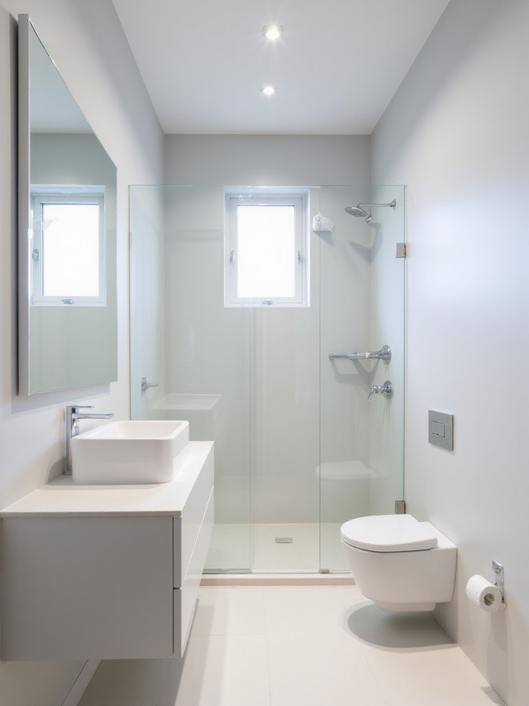 Small minimalist bathroom design with floating vanity and frameless shower.