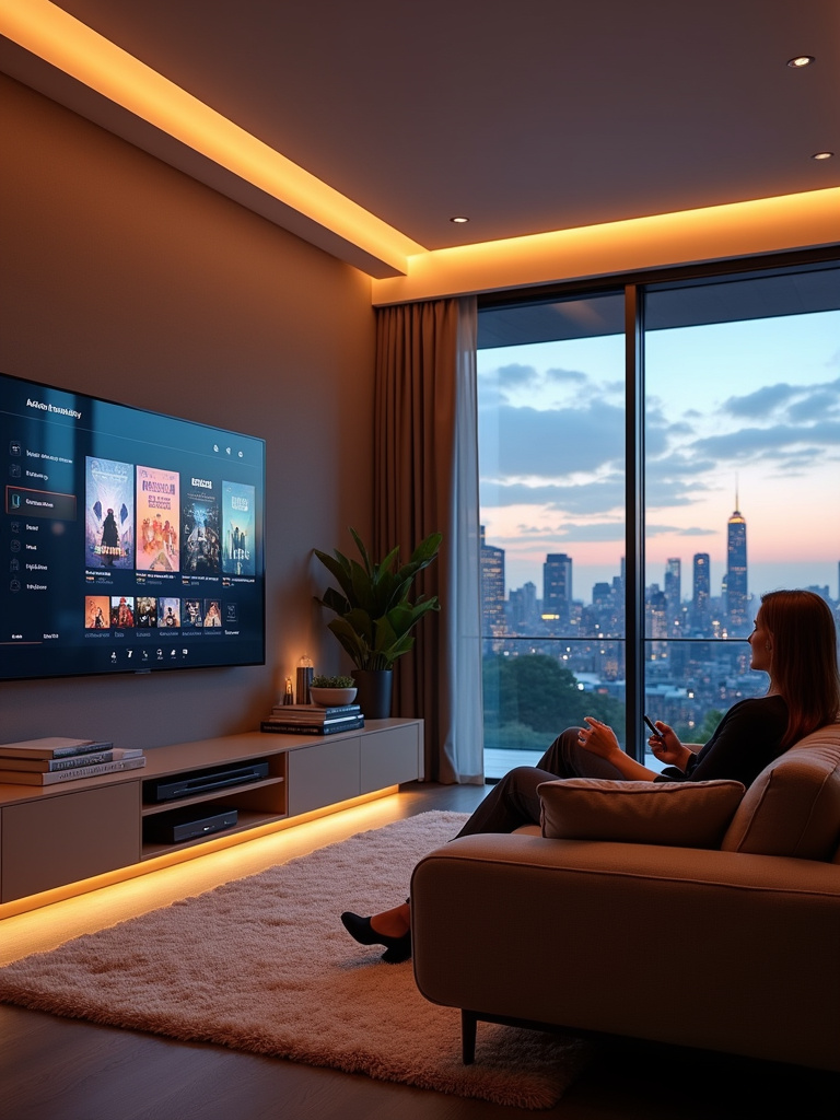 Smart home integrated living room with automated lighting, entertainment, and blinds.