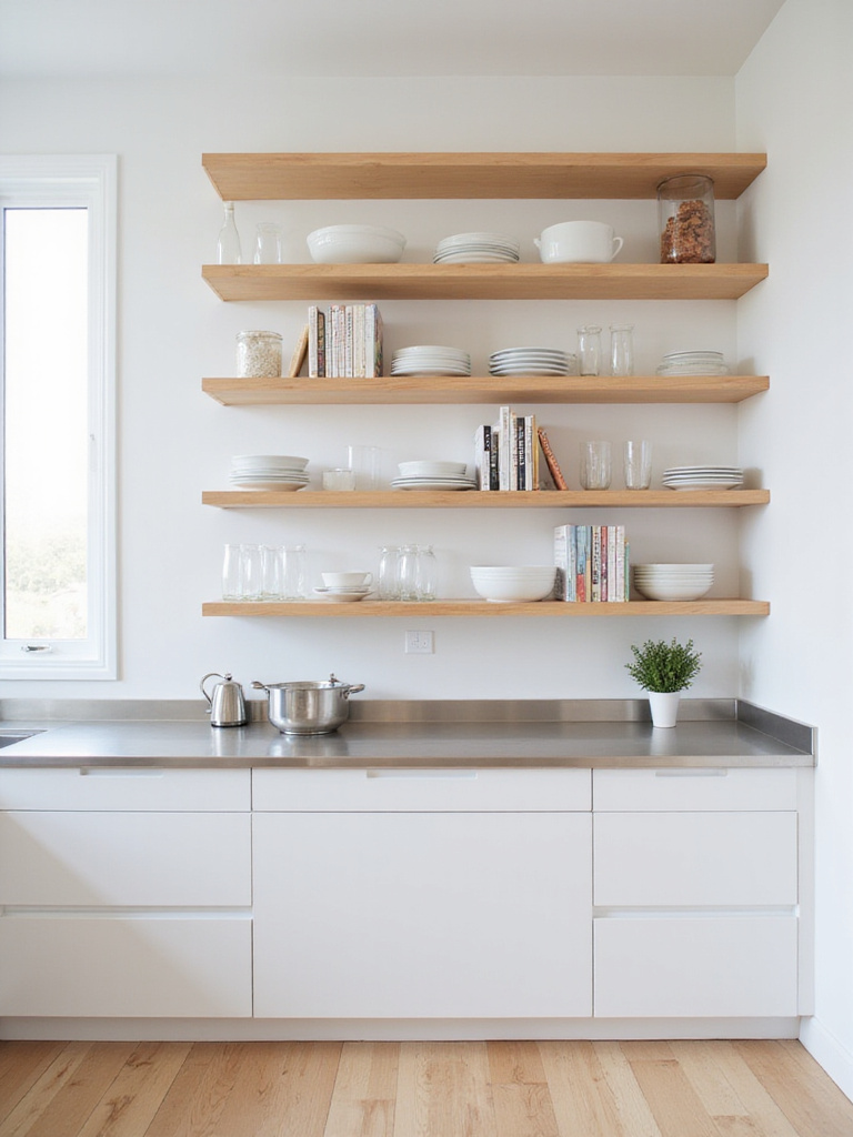 Bright modern kitchen with light wood open shelving displaying curated kitchenware.